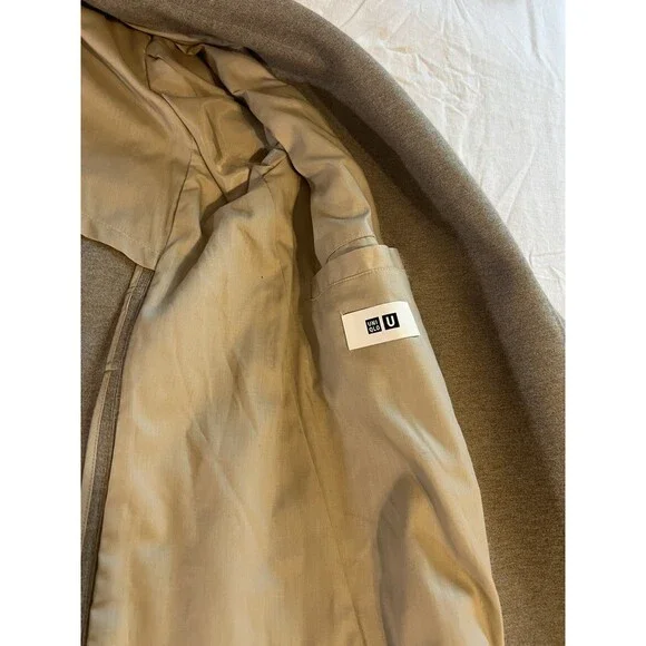Uniqlo U Chester Beige Belted Stretch Jersey Duster Long Coat Size L Minimalist - Picture 12 of 16